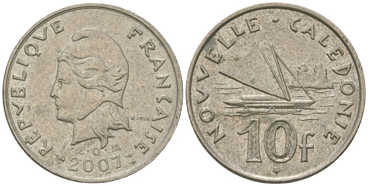 Французская Новая Каледония 10 франков 2007 рыбачья парусная лодка, (IEOM) KM 11a, Schoen 13a, Lec 99k медно-никель 58-451