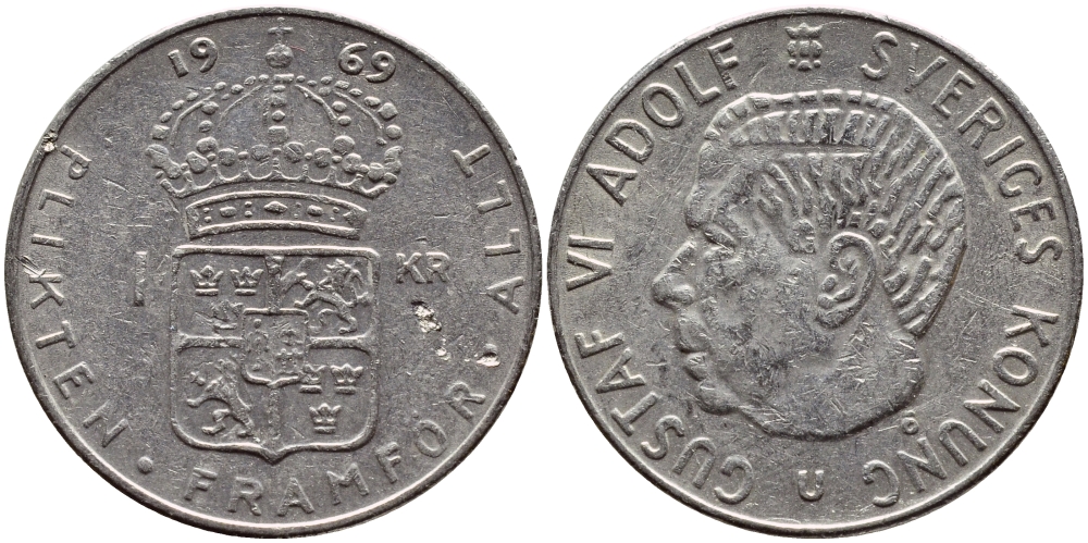 Швеция 1 крона 1969 Густав VI Адольф (1950-1973) KM 826a медь плакированная медно-никелем 4388-221