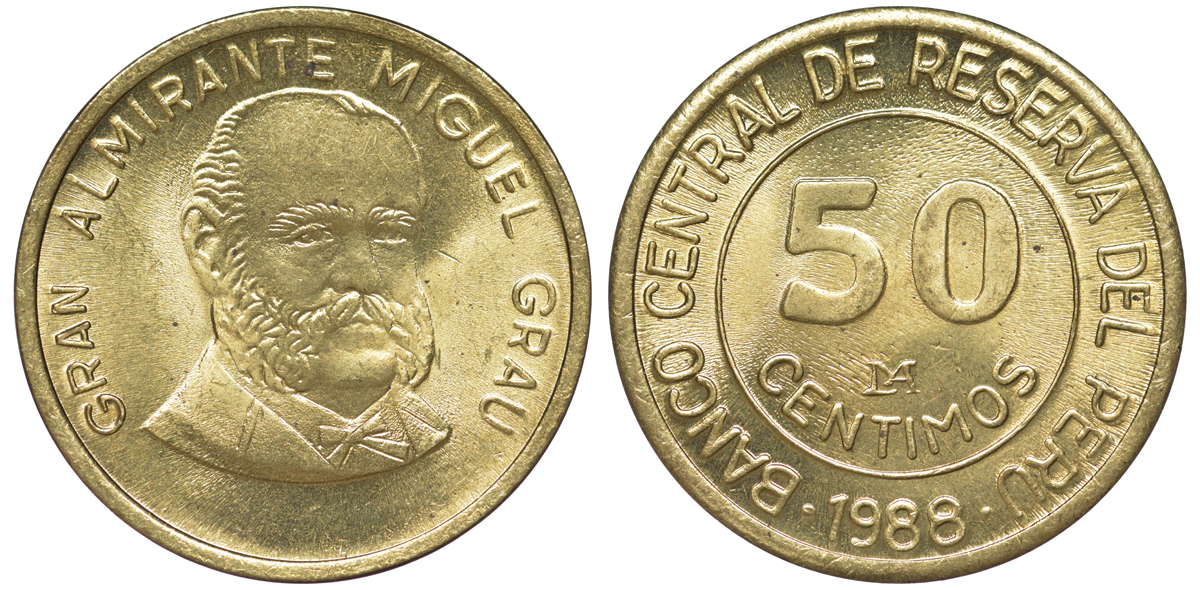 Перу 50 сентимо 1988 Мигель Грау Семинарио KM 295 латунь aUNC 4605-421