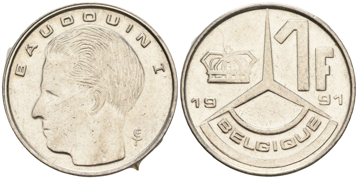 Бельгия 1 франк 1991 Belgique, Бодуэн I (1951-1993) KM 170 нержавеющая сталь 4608-436