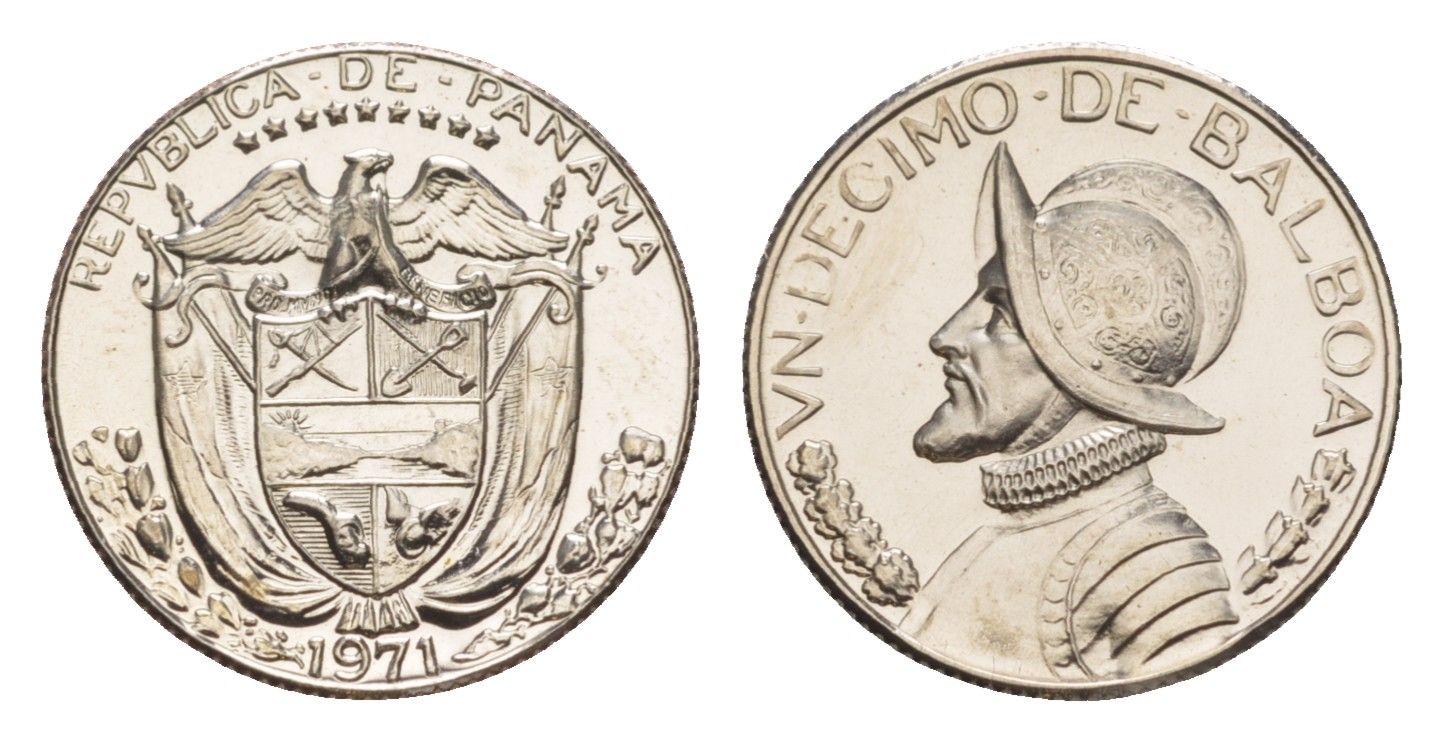 Панама 1/10 бальбоа (10 сентесимо) 1971 тираж 11.000 экземпляров KM 10 медь плакированная медно-никелем PROOF 1522-125