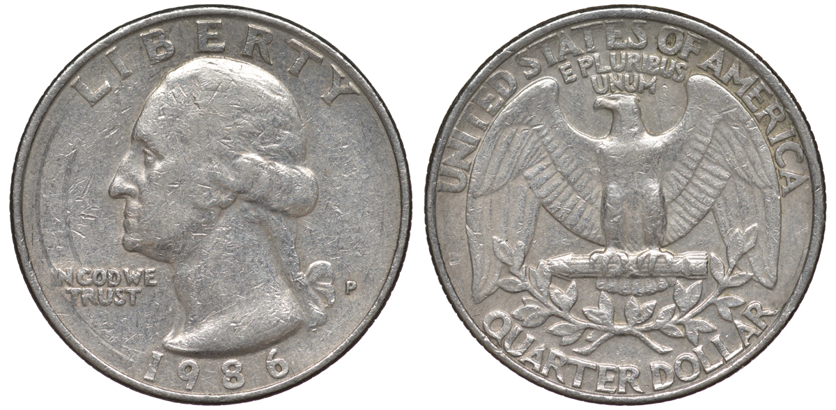 США 25 центов = квотер 1986 P, Вашингтон KM A164a медь плакированная медно-никелем 4543-436