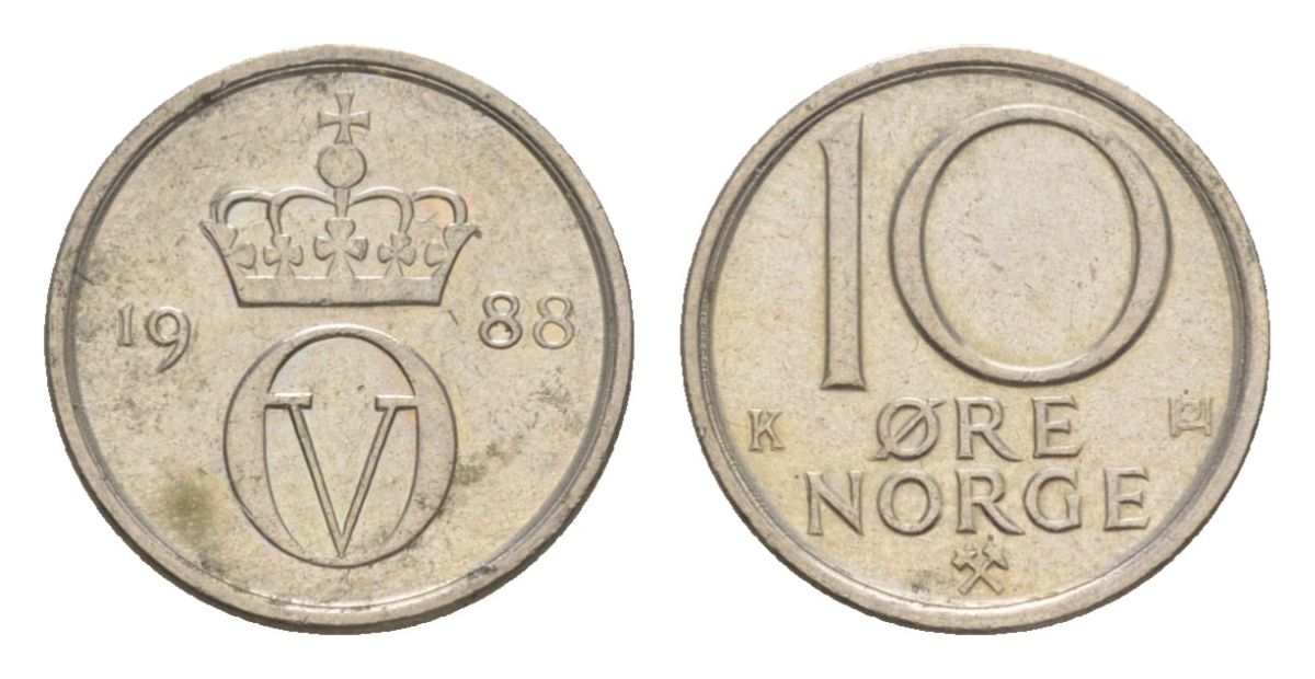 Норвегия 10 эре 1988 Улаф V (1957-1991) KM 416 медно-никель 4632-1214