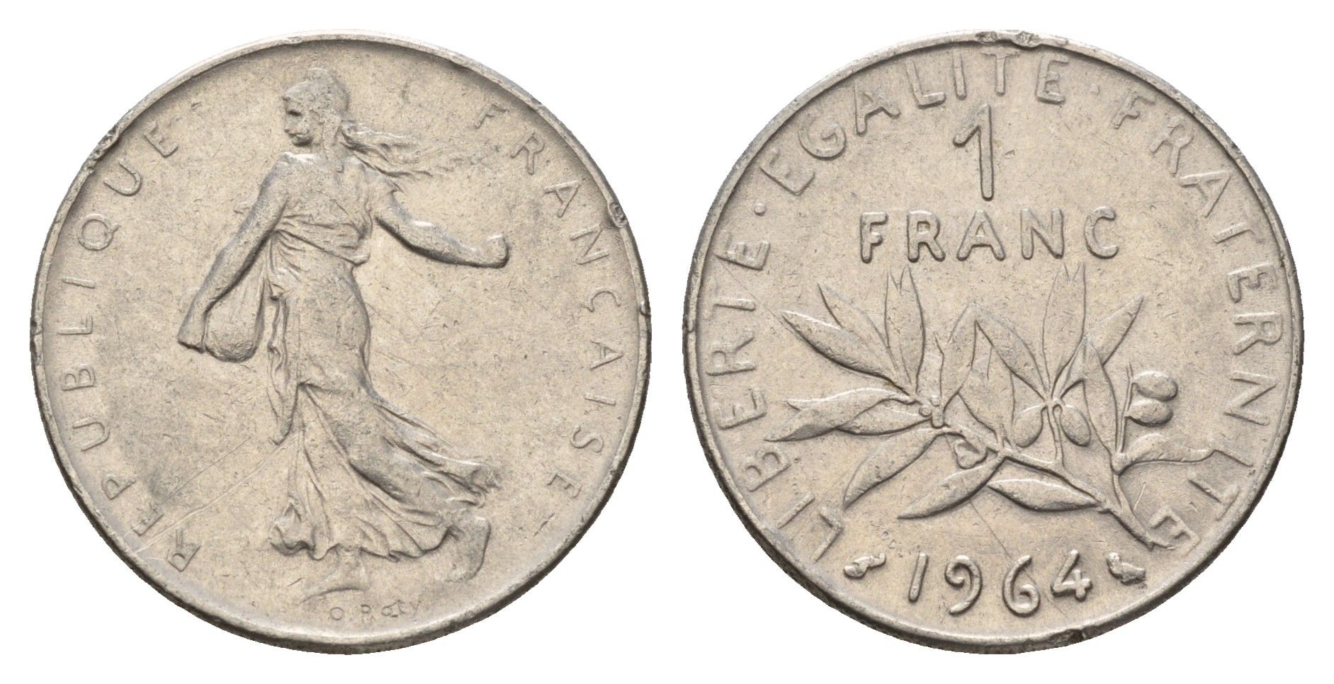 Франция 1 франк 1964 сеятель KM 925 никель 4673-1133