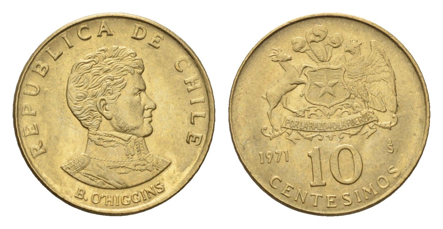 Чили 10 сентесимо 1971 год-тип KM 194 алюминиевая бронза UNC 4689-131