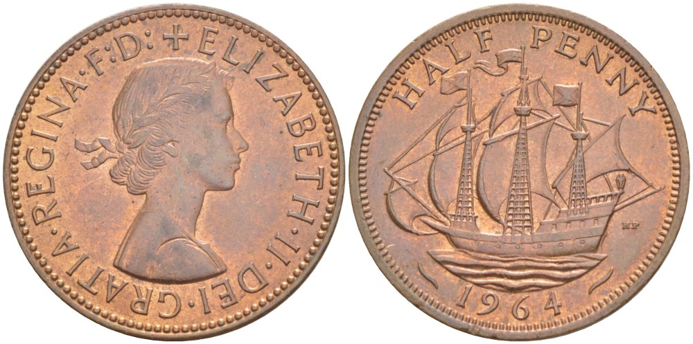 Великобритания 1/2 пенни 1964 Елизавета II (1952-2022) KM 896, Spink 4158 бронза 4544-143