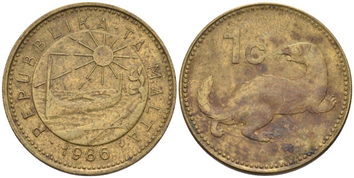 Мальта 1 цент 1986 ласка, горностай KM 78 никель латунь 4585-1145