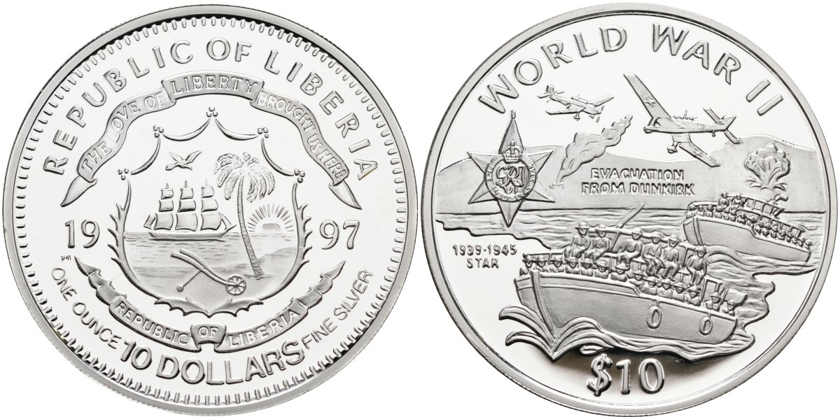Либерия 10 долларов 1997 серия вторая мировая война, эвакуация из Дюнкерка, тираж 25000 экз. KM 287 серебро PROOF 00-00