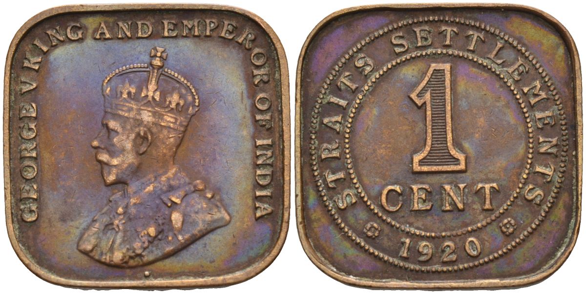 Стрейтс-Сетлментс 1 цент 1920 Георг V (1910-1936) KM 32 бронза 4592-937