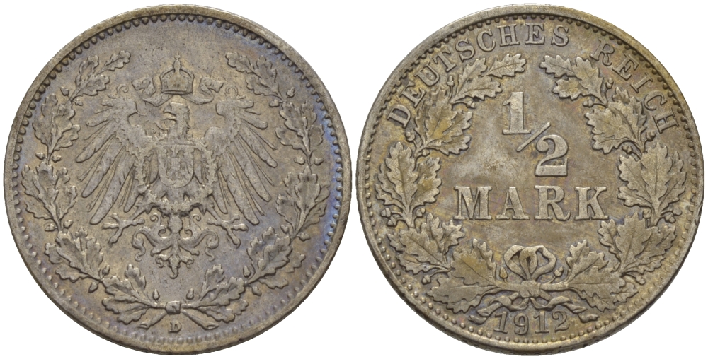 Германия 1/2 марки 1912 D, Вильгельм II (1888-1918) KM 17, J. 16 серебро серебро aUNC 65-241