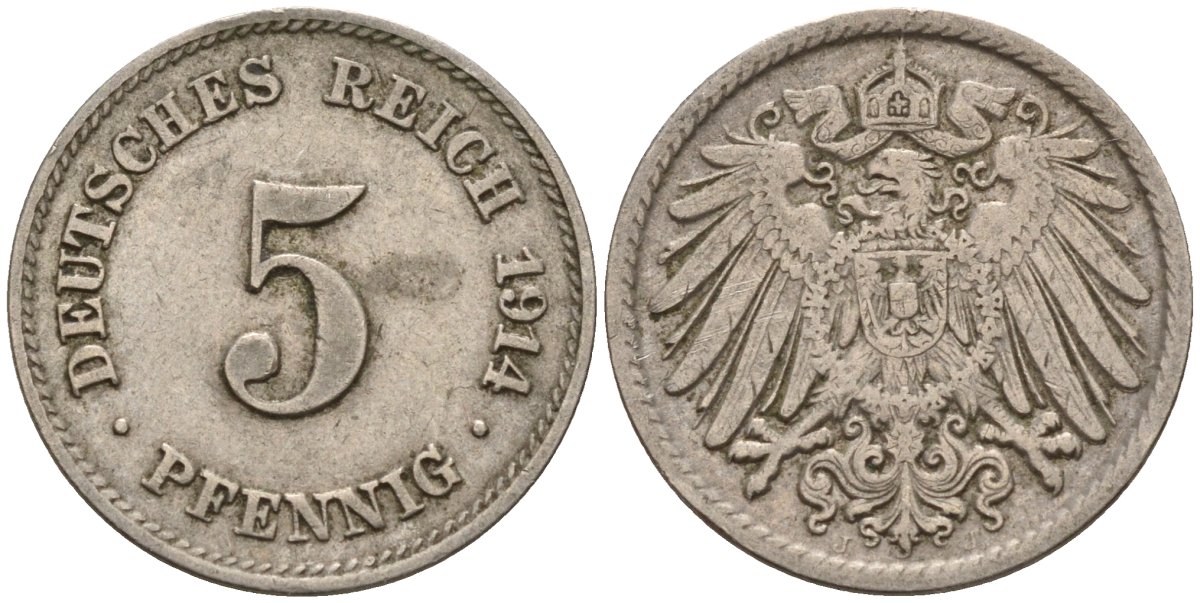 Германия 5 пфеннигов 1914 J KM 11, J. 12 медно-никель 4151-553