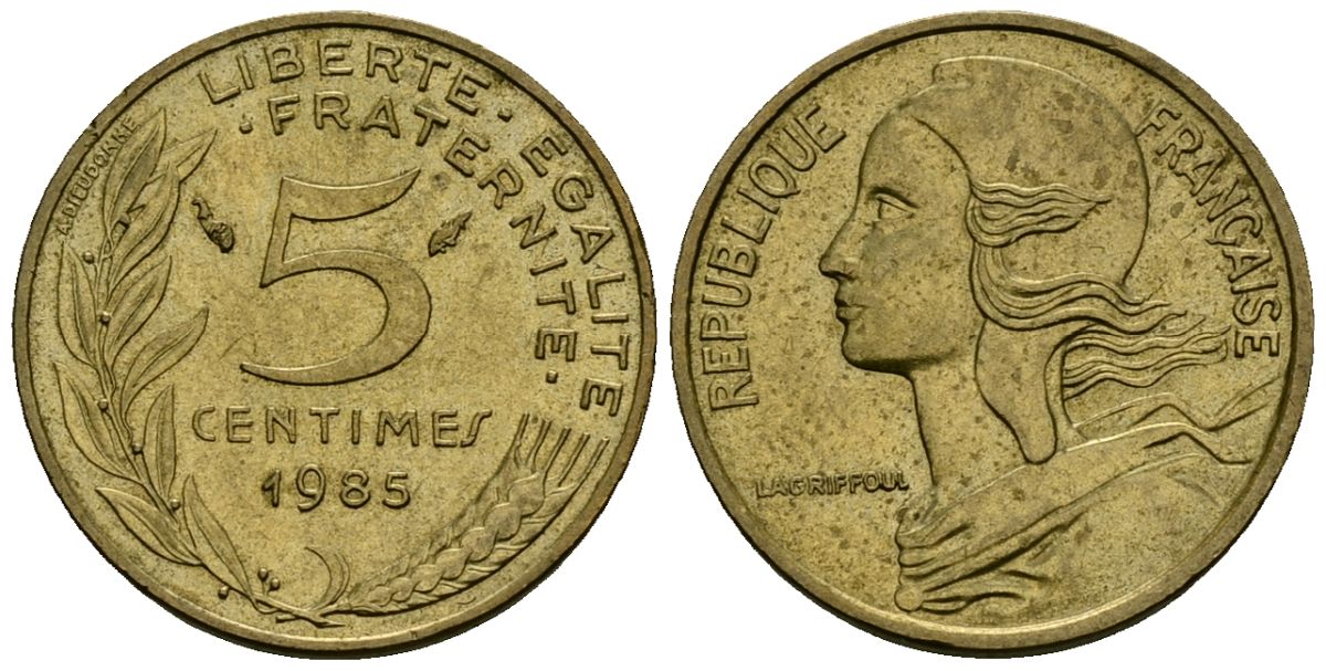 Франция 5 сантимов 1985 тип Marianne KM 933 алюминиевая бронза 4136-443