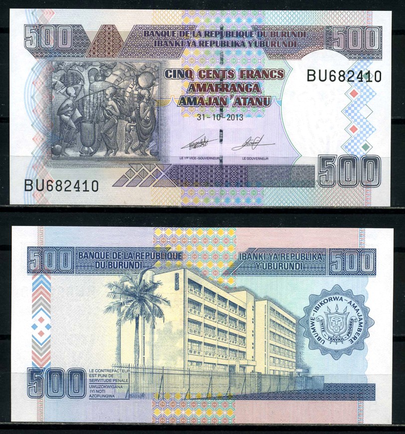 Бурунди 500 франков 2013 искусство Бурунди, Центральный банк, Бужумбура Pick 45с бумага UNC (пресс) 6317-44-4-2