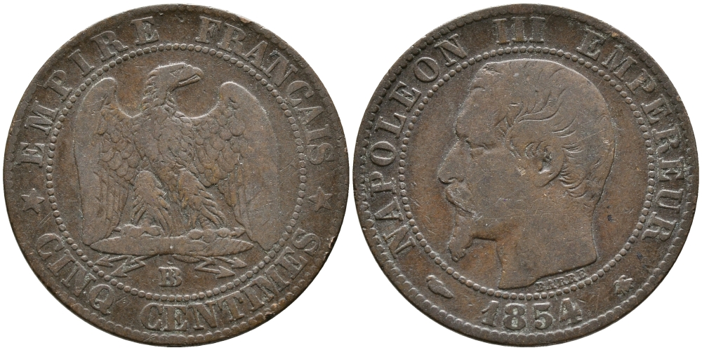 Франция 5 сантимов 1854 BB, Наполеон III (1852-1870) KM 777.3, Le Franc 116.10 бронза 28-922