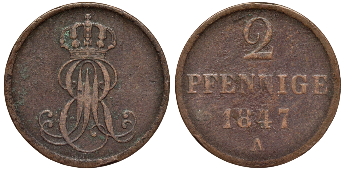 Ганновер 2 пфеннига 1847 A, Эрнст Август (1837-1851) KM 202.2, AKS 125, J. 75 медь 75-1911