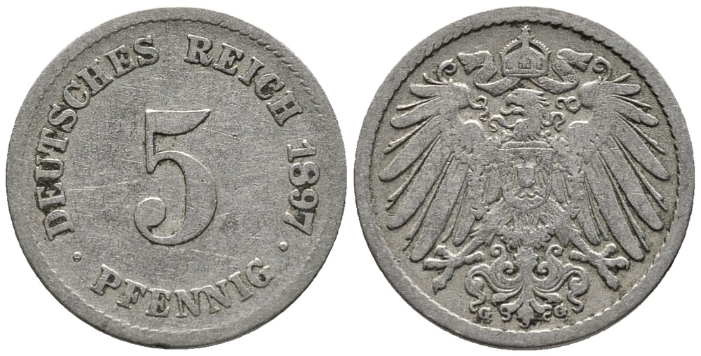 ГЕРМАНИЯ 5 ПФЕННИГОВ 1897 G KM 11, J. 12 медно-никель 39-725