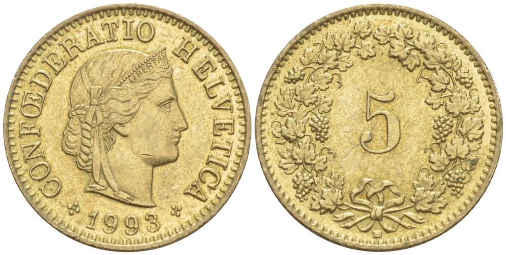 ШВЕЙЦАРИЯ 5 РАППЕНОВ 1993 В KM 26с алюминий латунь 4181-255
