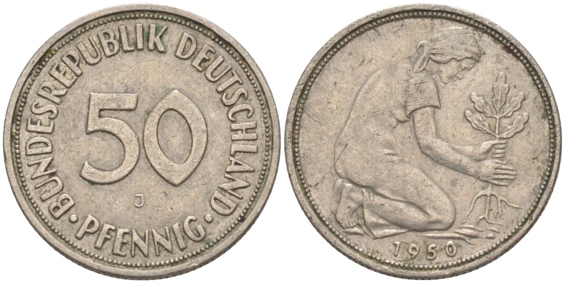ФРГ 50 пфеннигов 1950 J J 384, KM 109.1 медно-никель 63-349