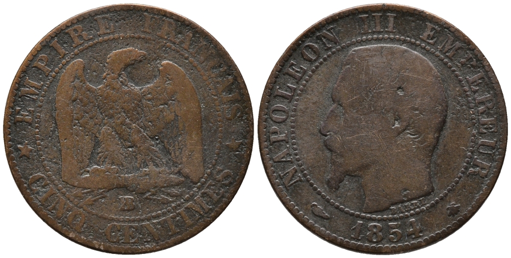 Франция 5 сантимов 1854 BB, Наполеон III (1852-1870) KM 777.3, Le Franc 116.10 бронза 34-1216