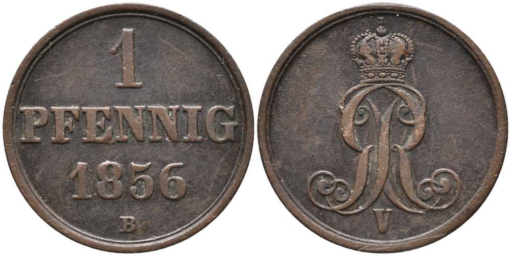 ГАННОВЕР 1 ПФЕННИГ 1856 В, ГЕОРГ V (1851-1866) KM 221 медь 4398-621