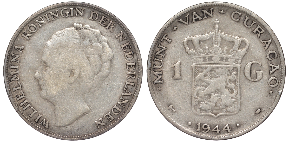 Нидерландское Кюрасао 1 гульден 1944 D, Вильгельмина (1890-1948) KM 45 серебро 36-547
