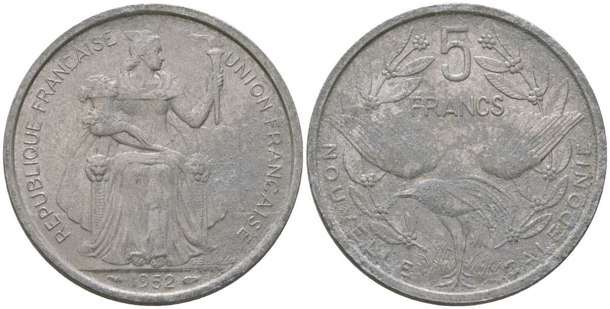 Французская Новая Каледония 5 франков 1952 птица кагу, (IEOM) KM 4, Schoen 4, Lec 71 алюминий 180-226