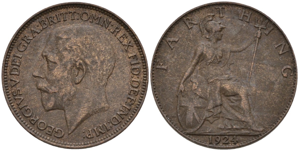 Великобритания 1 фартинг 1924 Георг V (1910-1936), светлая отделка KM 808.2, Spink 4060 бронза 4596-952