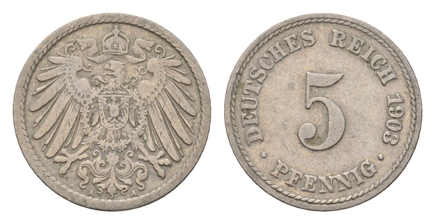 Германия 5 пфеннигов 1903 A, Вильгельм II (1888-1918) KM 11, J. 12 медно-никель 4632-1258