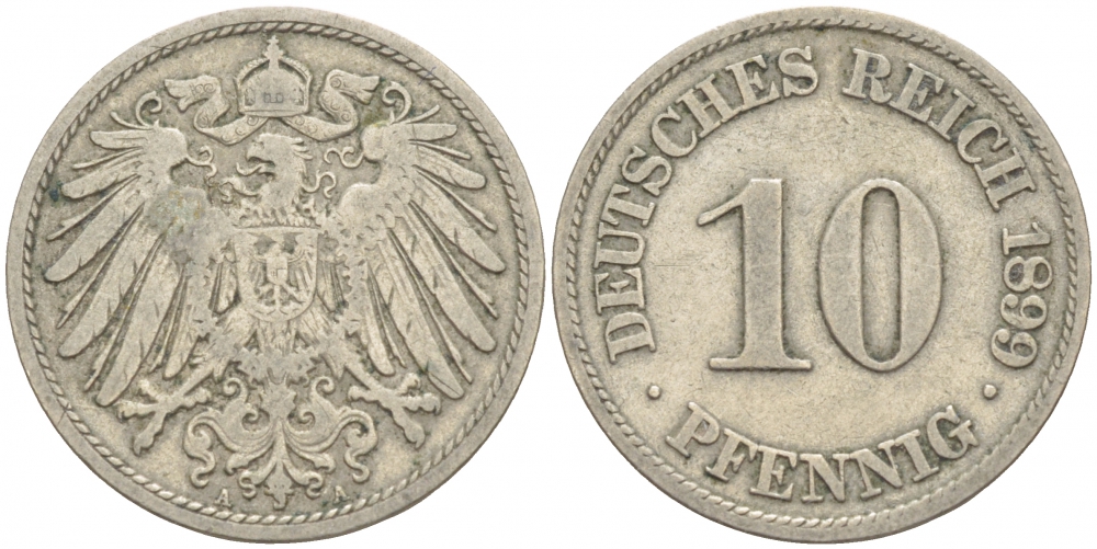 ГЕРМАНИЯ 10 ПФЕННИГОВ 1899 A KM 12, J 13 медно-никель 4539-1012