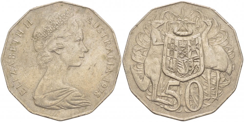 Австралия 50 центов 1978 Елизавета II (1952-2022), герб Австралии, кенгуру KM 68 медно-никель 29-112