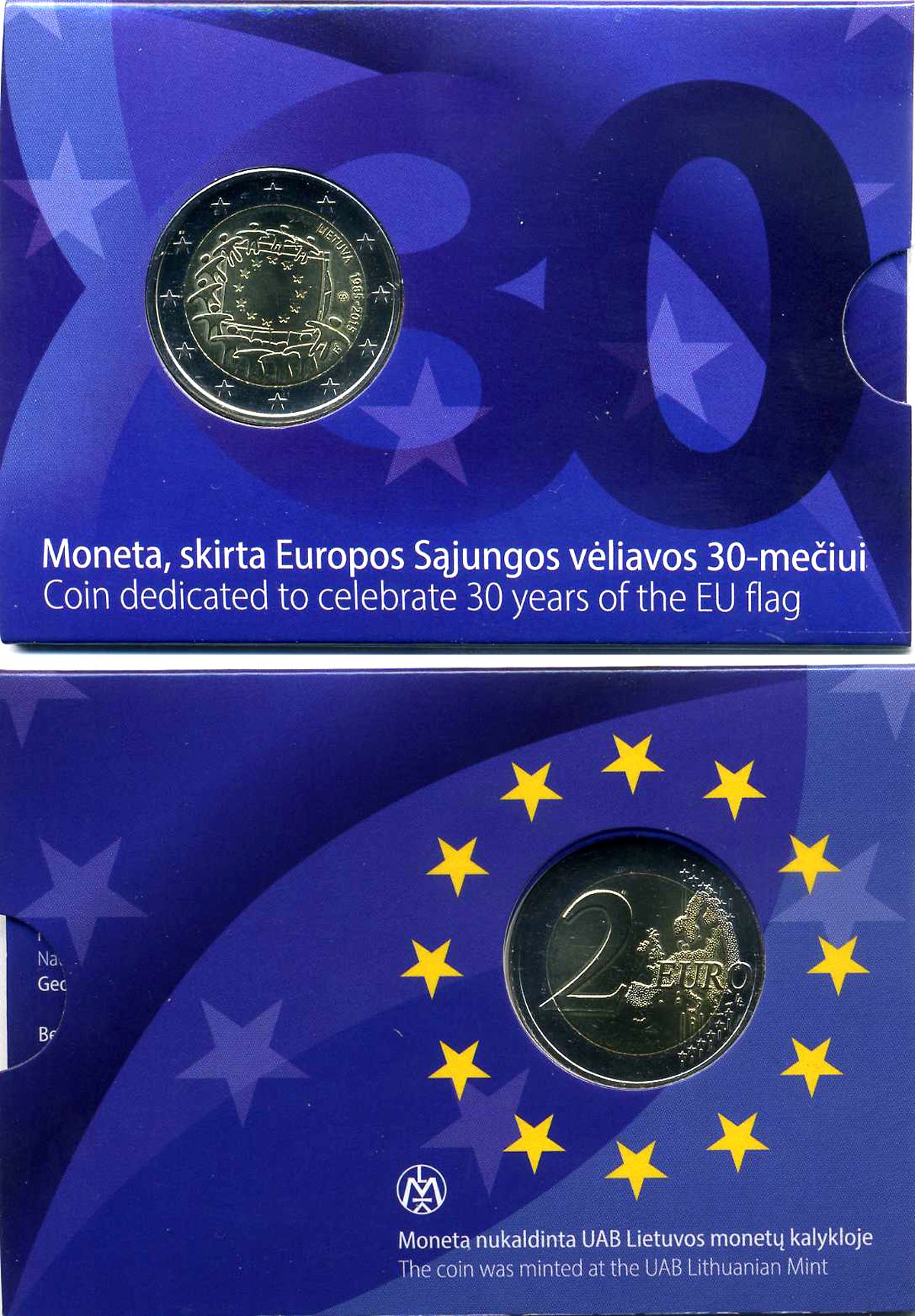 Литва 2 евро 2015 30 лет флагу Европейского союза, запайка, буклет KM 100 биметалл BUNC 3-4-8-27
