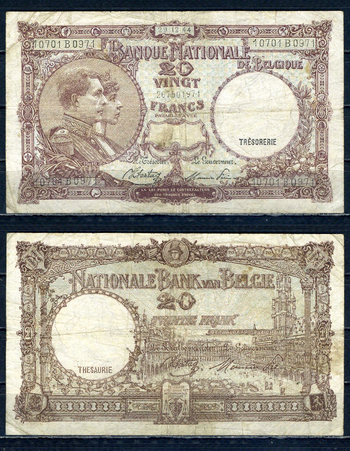 Бельгия 20 франков 1944 29.12.1944, Король Альберт I и его жена Королева Елизавета, Гран-Плас / Гроте Маркт, Брюссель Pick 111 (3) бумага 6301-11-2-1