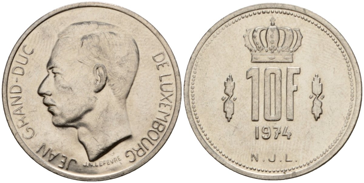 Люксембург 10 франков 1974 Великий герцог Жан (1964-1999) KM 57 никель 4599-1216