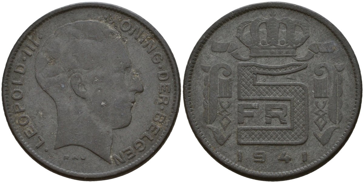 Бельгия 5 франков 1941 DES BELGEN, Леопольд III (1934-1947) KM 129 цинк 4161-926