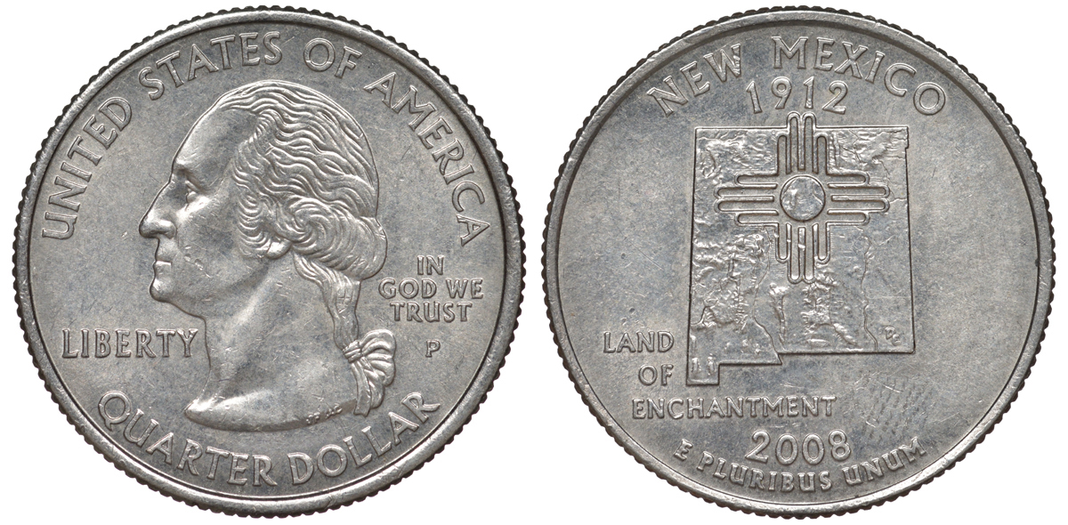США 25 центов = квотер 2008 P, серия штаты США, Нью-Мексико KM 422 медь плакированная медно-никелем 4525-412