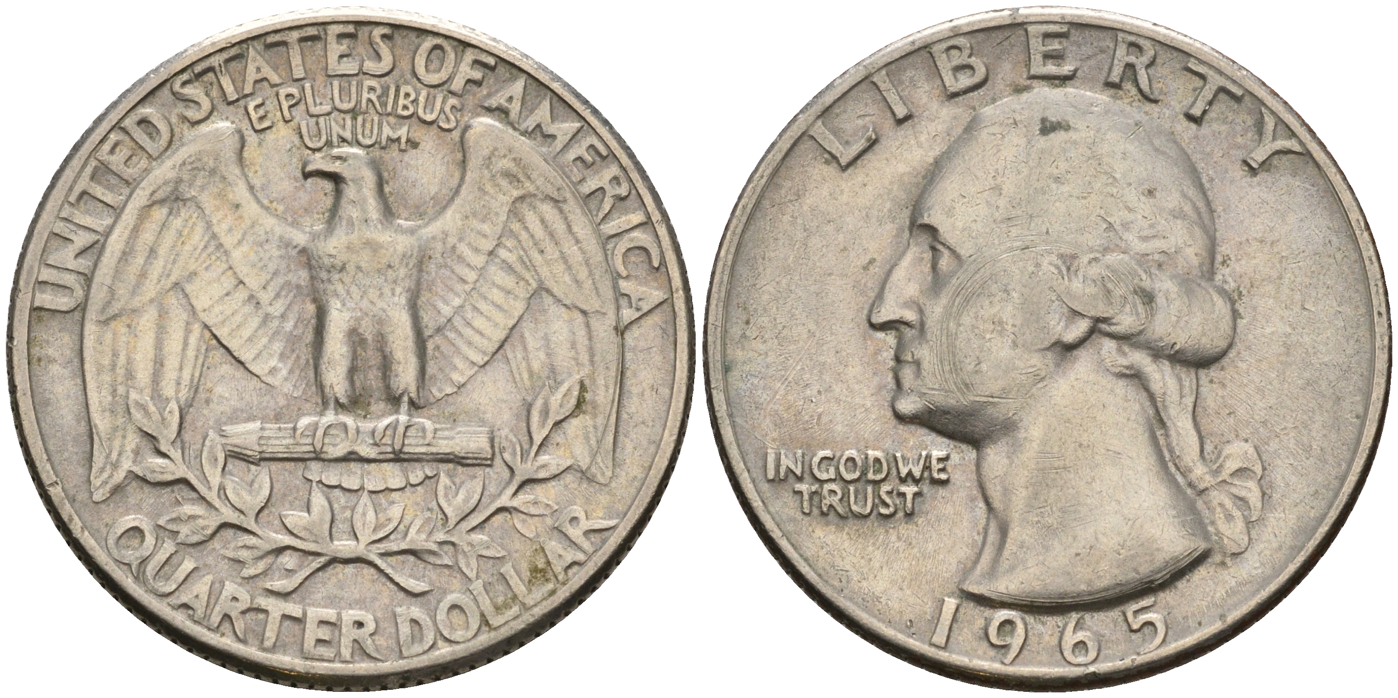 США 25 центов (квотер) 1965 Вашингтон KM 164а медь плакированная медно-никелем    4606-641