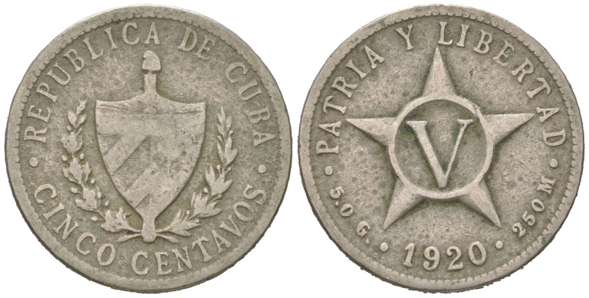 Куба 5 сентаво 1920 звезда, республика (1915-1961) KM 11.1, Y 5, Schoen 5 медно-никель 4615-913