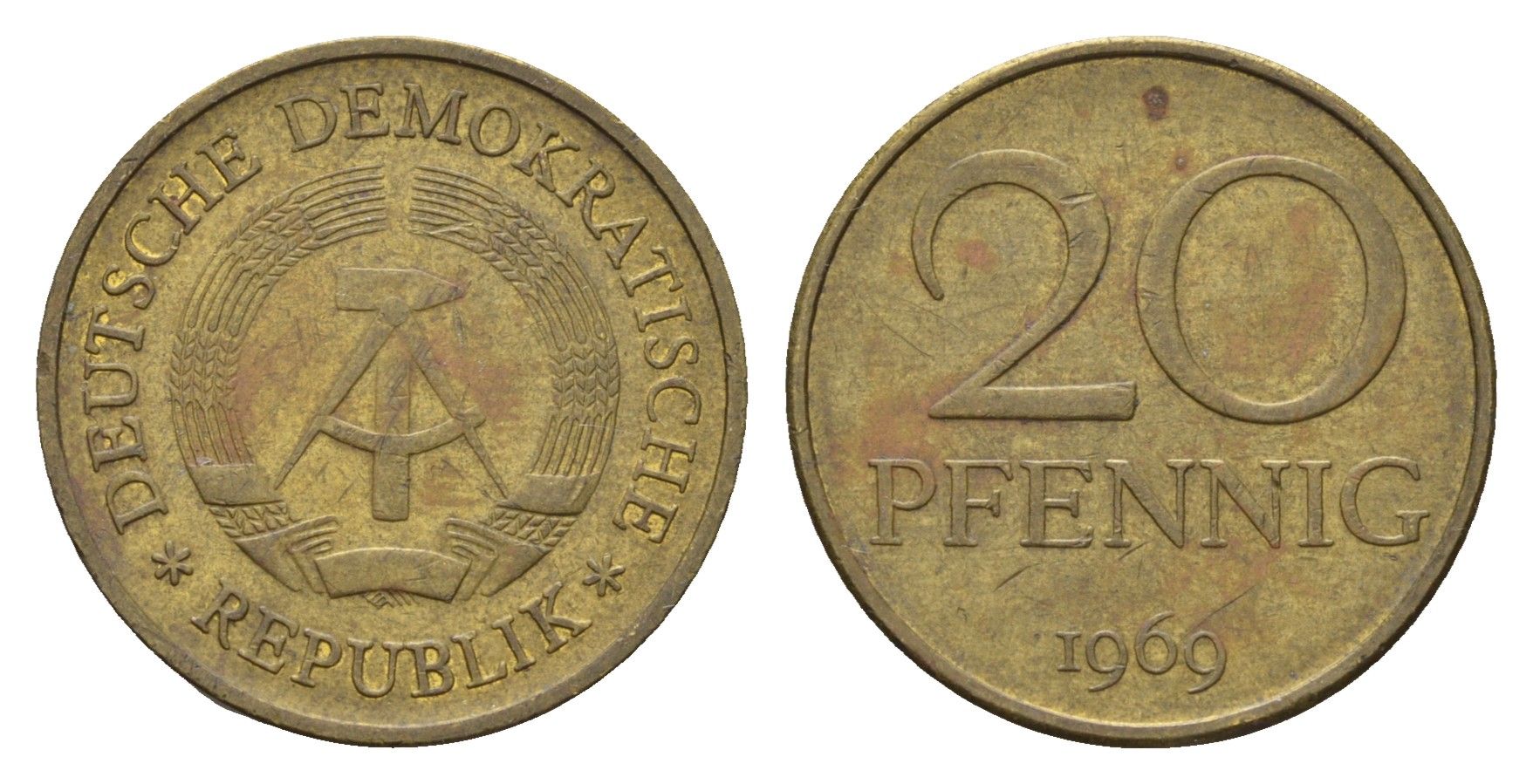 ГДР 20 пфеннигов 1969 A, первый год KM 11 латунь 3459-757