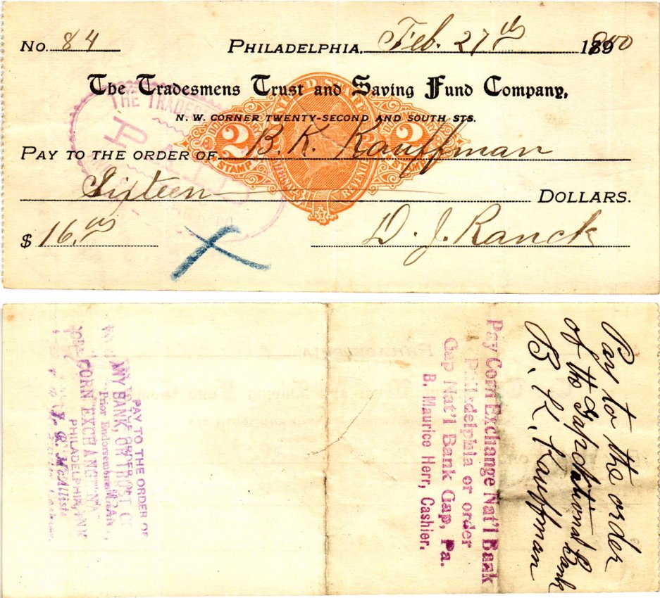 США чек на 16 долларов 1900 Филадельфия бумага 3295-56-2-2