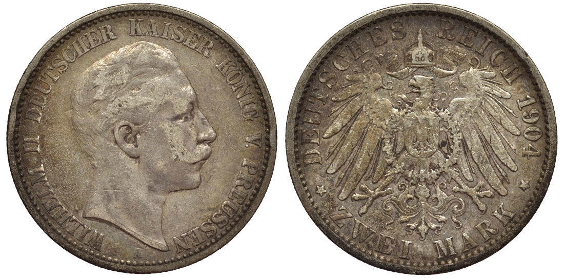 Пруссия 2 марки 1904 A, Вильгельм II (1888-1918) J.102, Weege 101, KM 522 серебро 02-014-26