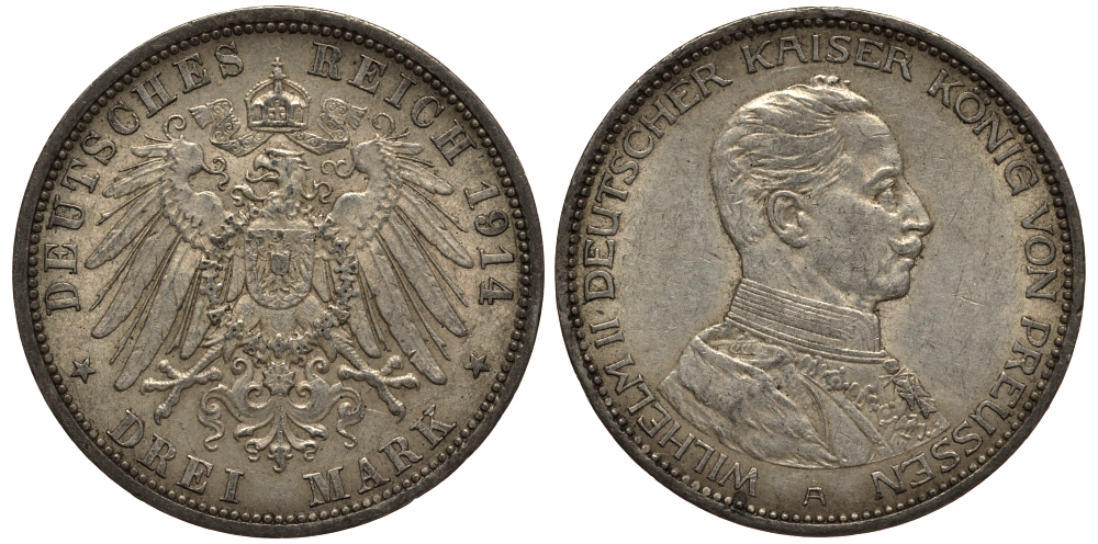 Пруссия 3 марки 1914 Вильгельм II (1888-1918) в мундире KM 538, J.113 серебро 3711-624