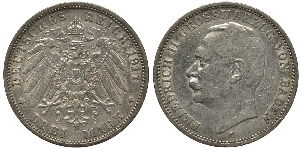 Баден 3 марки 1911 Фридрих II (1907-1918) J. 39, KM 280 серебро    3711-1713