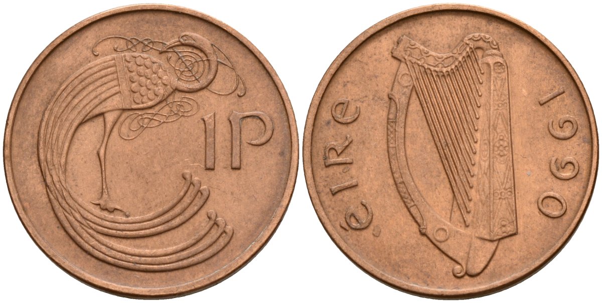 Ирландия 1 пенни 1990 мифологическая птица лира KM 20a бронза 4141-241