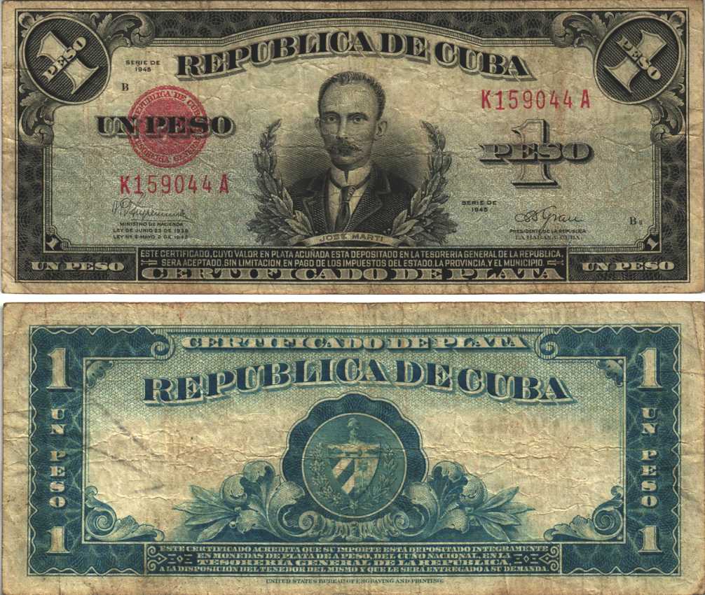 Куба 1 песо 1945 портрет Хосе Марти Pick 69 f  бумага   7191-18-3-1