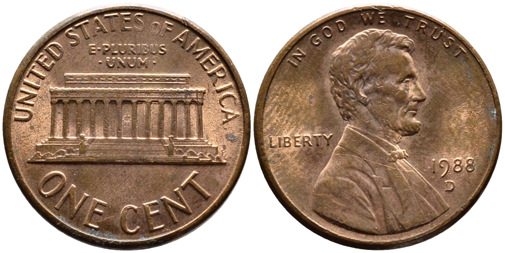 США 1 ЦЕНТ 1988 D KM 201b медь-цинк 4178-259