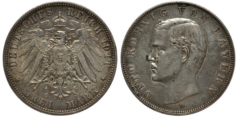 Бавария 3 марки 1911 Отто (1886-1913) Weege 45, J. 47, KM 515 серебро 3711-2031