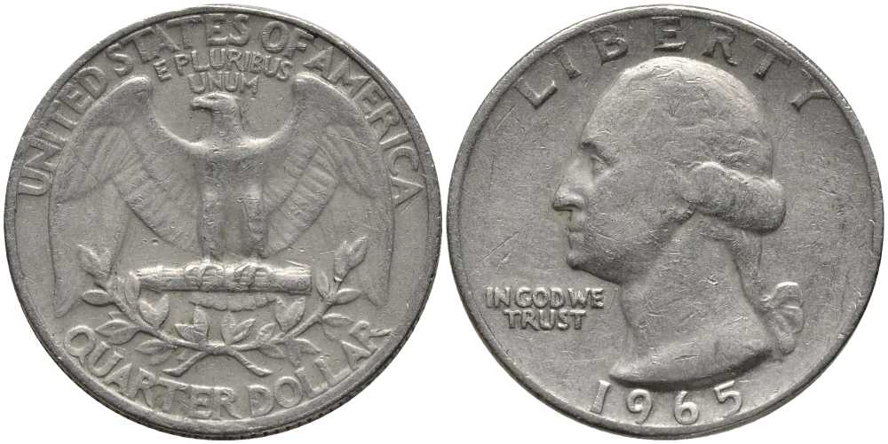 США 25 центов (квотер) 1965 Вашингтон KM 164а медь плакированная медно-никелем 113-517