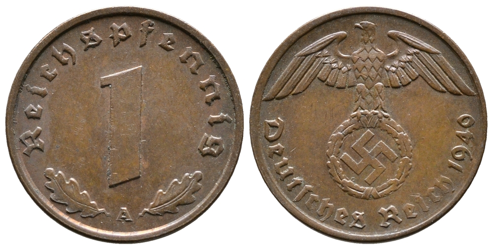 ГЕРМАНИЯ 1 РЕЙХСПФЕННИГ 1940 A KM 89, J. 361 бронза 71-1521