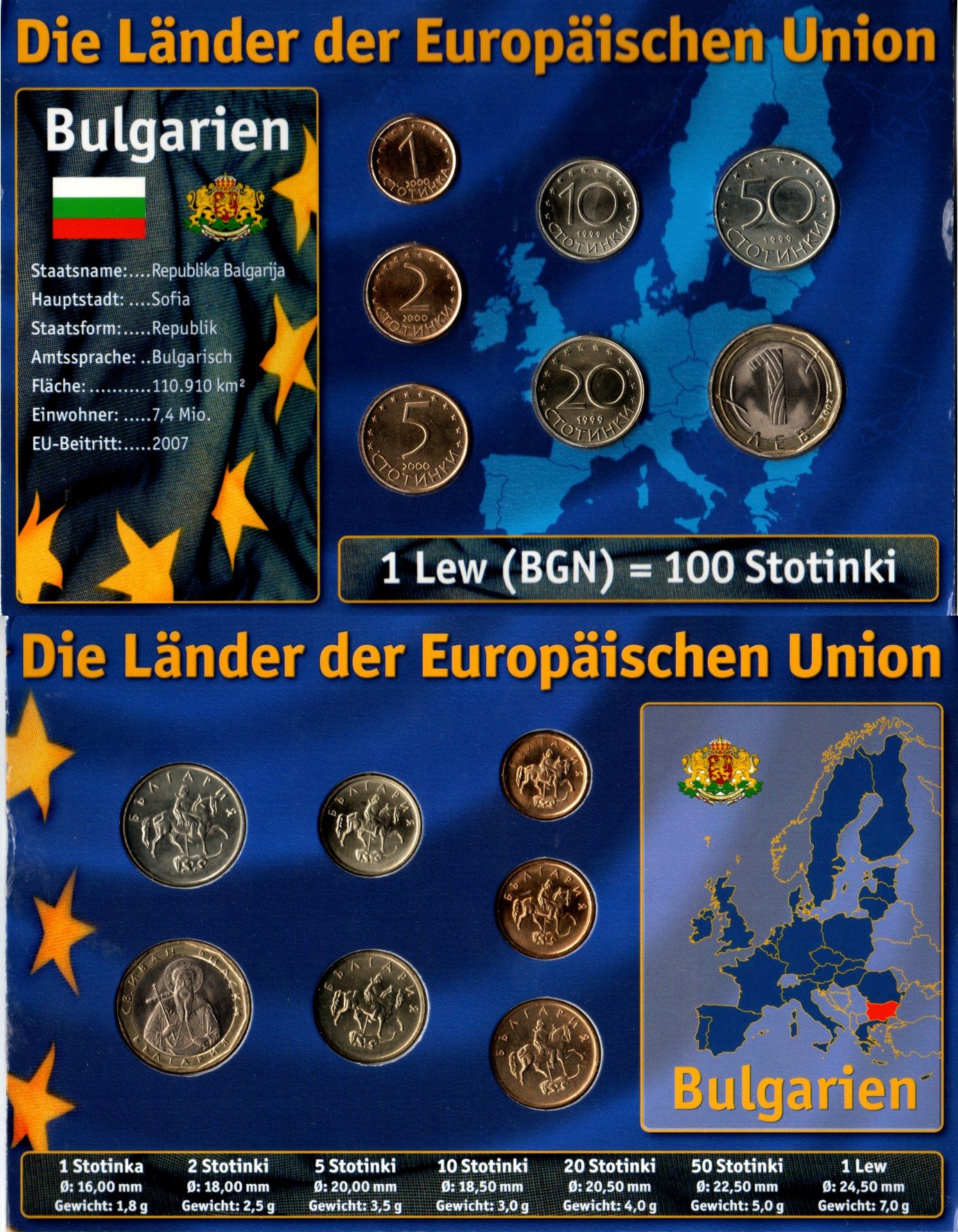 Болгария набор из 7 монет (1, 2, 5, 10, 20 и 50 стотинок; 1 лев) 1999, 2000 и 2002 в красочной упаковке с информацией о стране KM 237a, 238a, 239a, 240, 241, 242 и 254 UNC 3-4-12-38