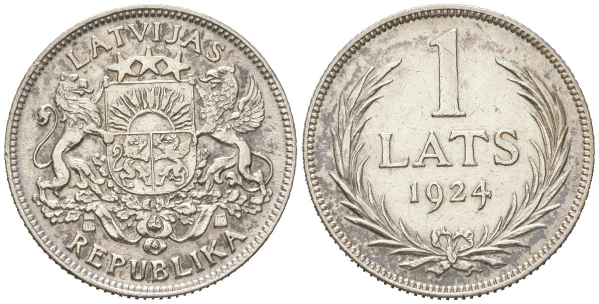 Латвия 1 лат 1924 Первая республика (1918-1939) KM 7 серебро 4166-617
